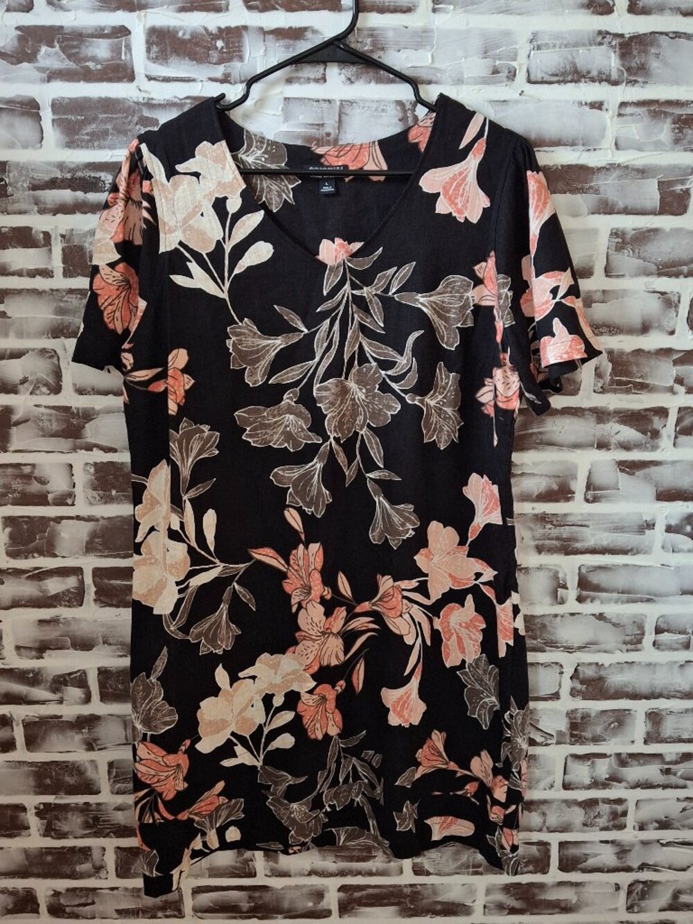 Original Nicole Miller Large Dress Linen Blend Black Floral Short Sleeves